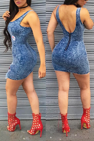 Stylish U-shaped Neck Tank Sleeveless Zipper Design Patchwork Blue Denim Sheath Mini Dress